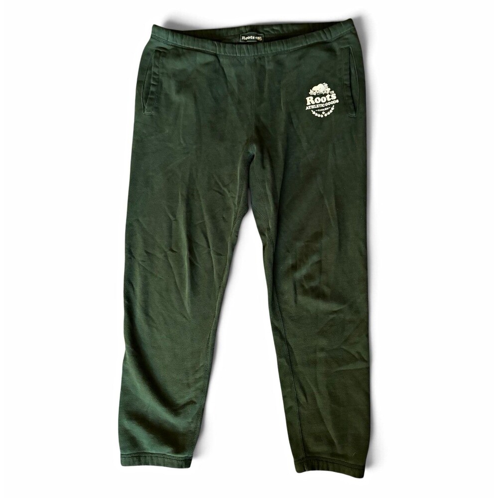Roots Canada Men's Green Fleece Cotton Logo Sweatpants Tapered Leg Pockets Large